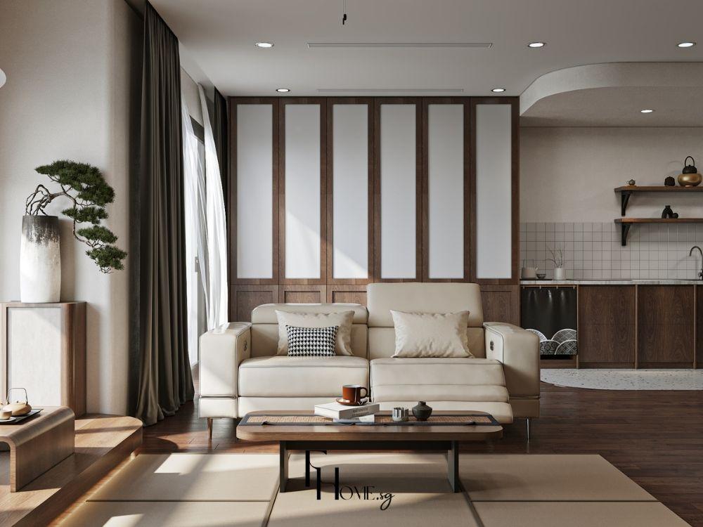 Thi công nội thất phòng khách màu trắng trung tính đồ nội thất gỗ