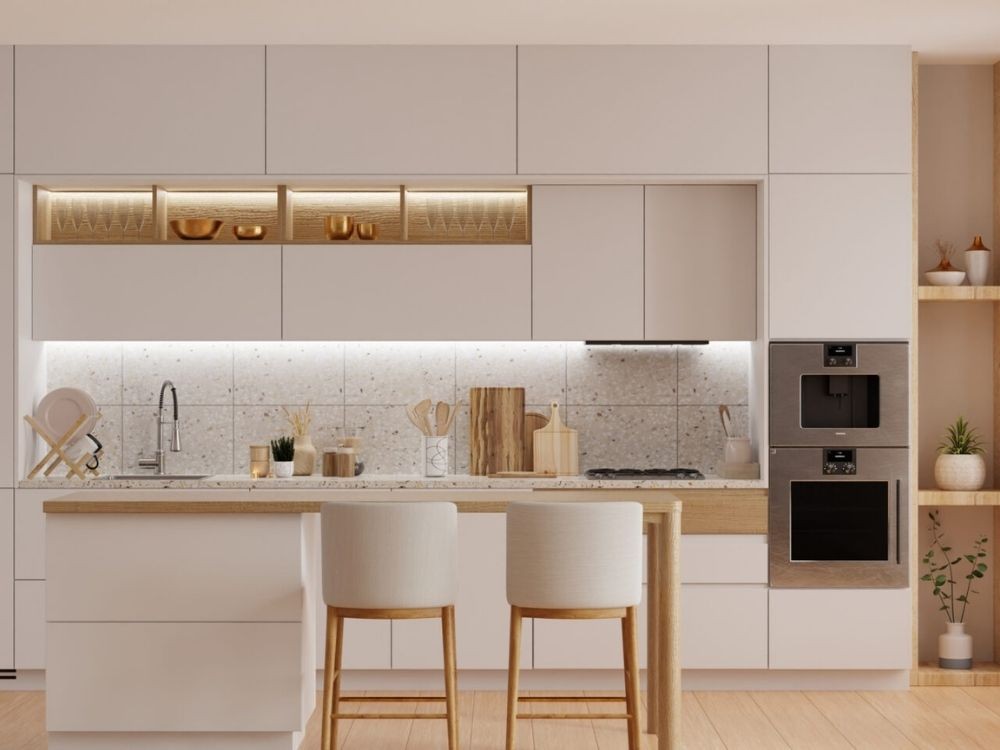 Màu sắc trung tính tạo cảm giác sạch sẽ cũng như giúp bếp trông rộng rãi hơn