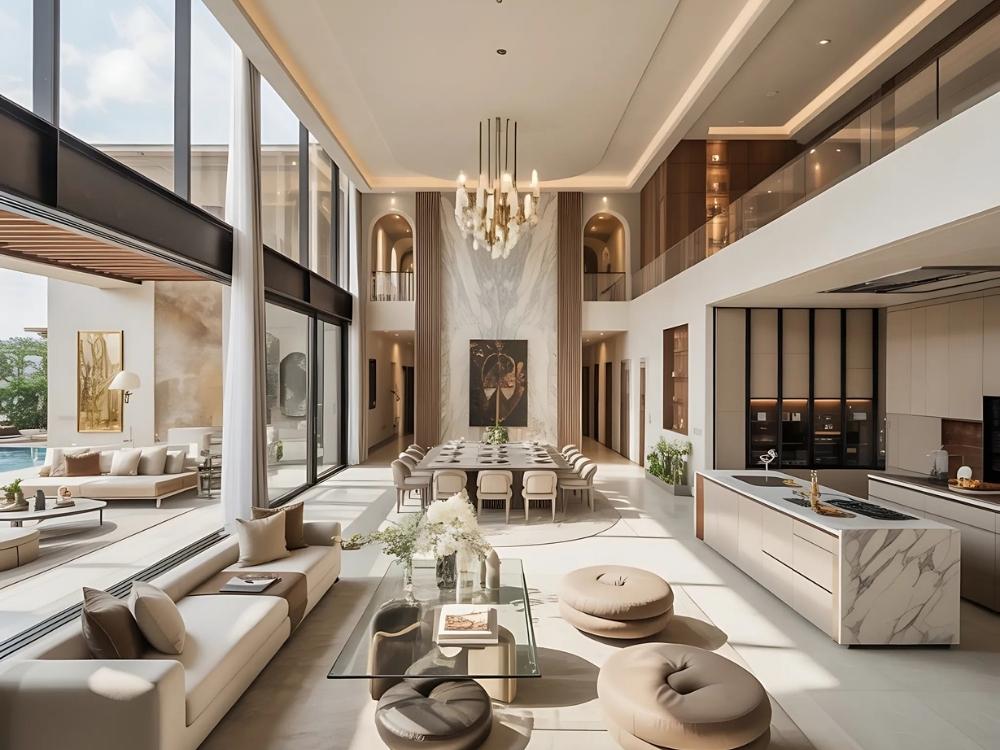 Phòng khách biệt thự sang trọng với sofa da cao cấp, bàn trà thuỷ tinh và đèn chùm pha lê tạo không gian đẳng cấp