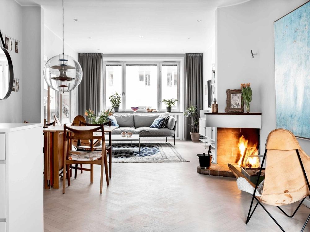 Phòng khách phong cách Scandinavian liên thông phòng bếp