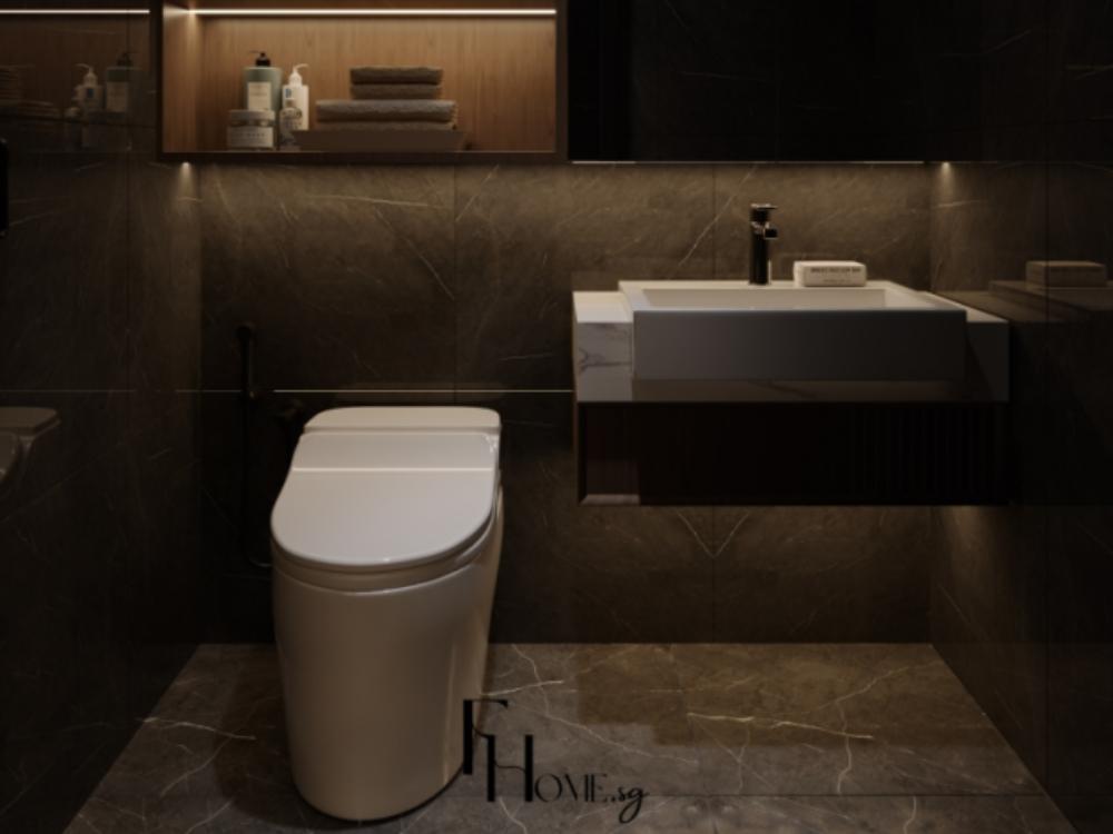 Phòng vệ sinh Luxury với bồn rửa marble, vòi sen mạ vàng và gương lớn