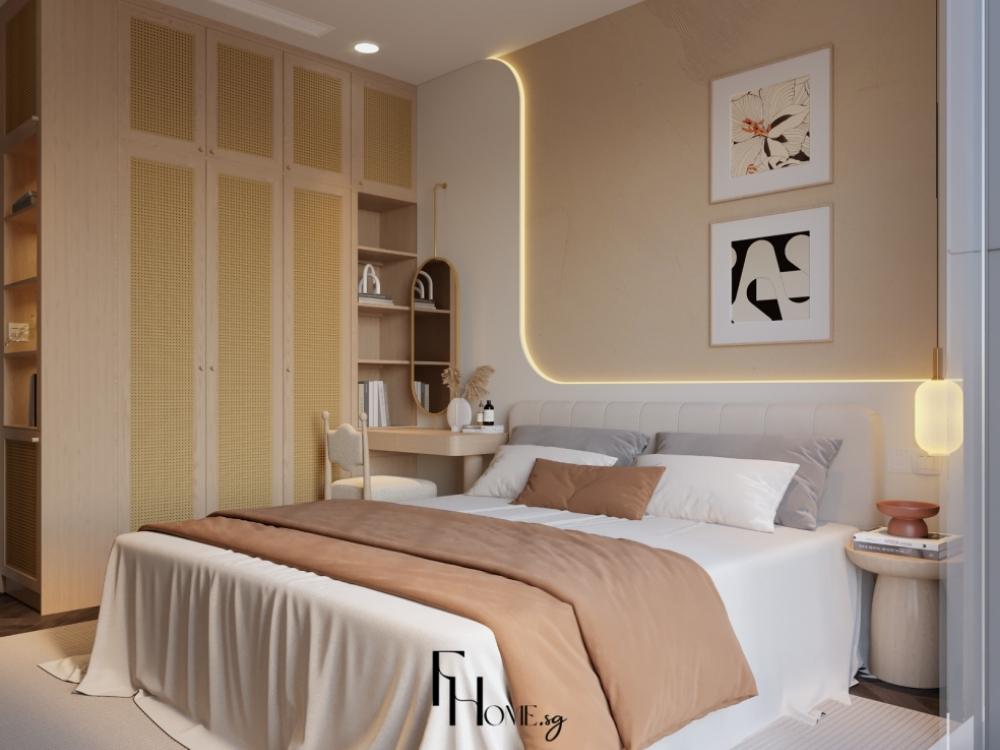 Phòng ngủ hiện đại với giường gỗ tự nhiên, bộ chăn ga trắng và ánh sáng ấm áp từ đèn ngủ tạo không gian thư giãn.