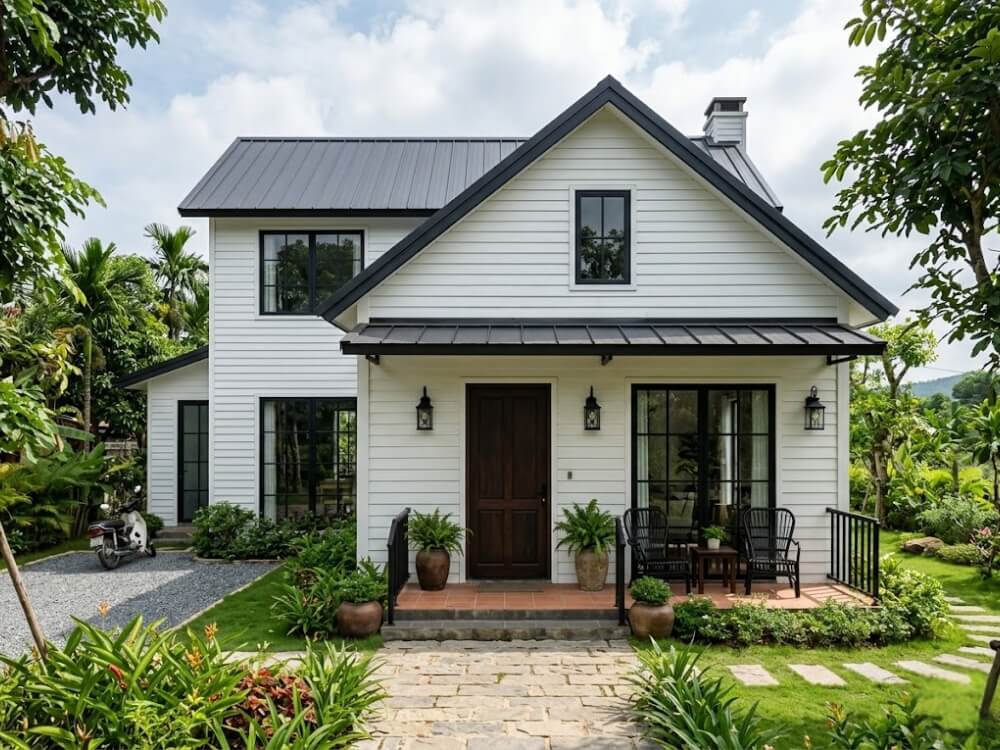 Modern Farmhouse: tường ốp gỗ ngang trắng, phụ kiện kim loại đen mờ