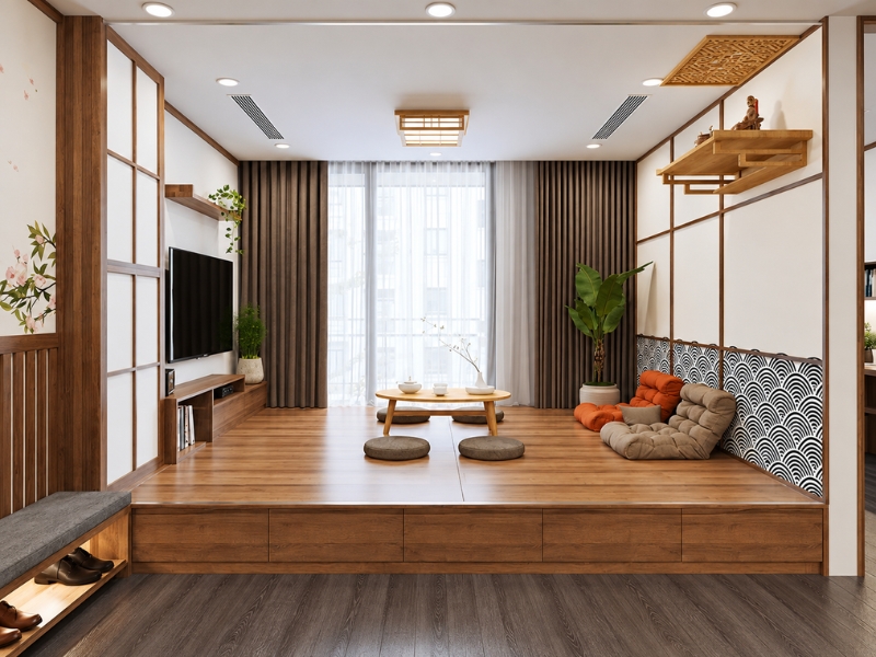 Nghệ thuật bàn trà của phòng khách chung cư 3 phòng ngủ phong cách Nhật Bản.