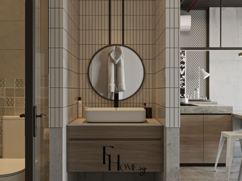 Nhà vệ sinh chung cư 50m², gương tròn viền đen, lavabo trắng đặt trên tủ gỗ, ốp gạch dọc trắng