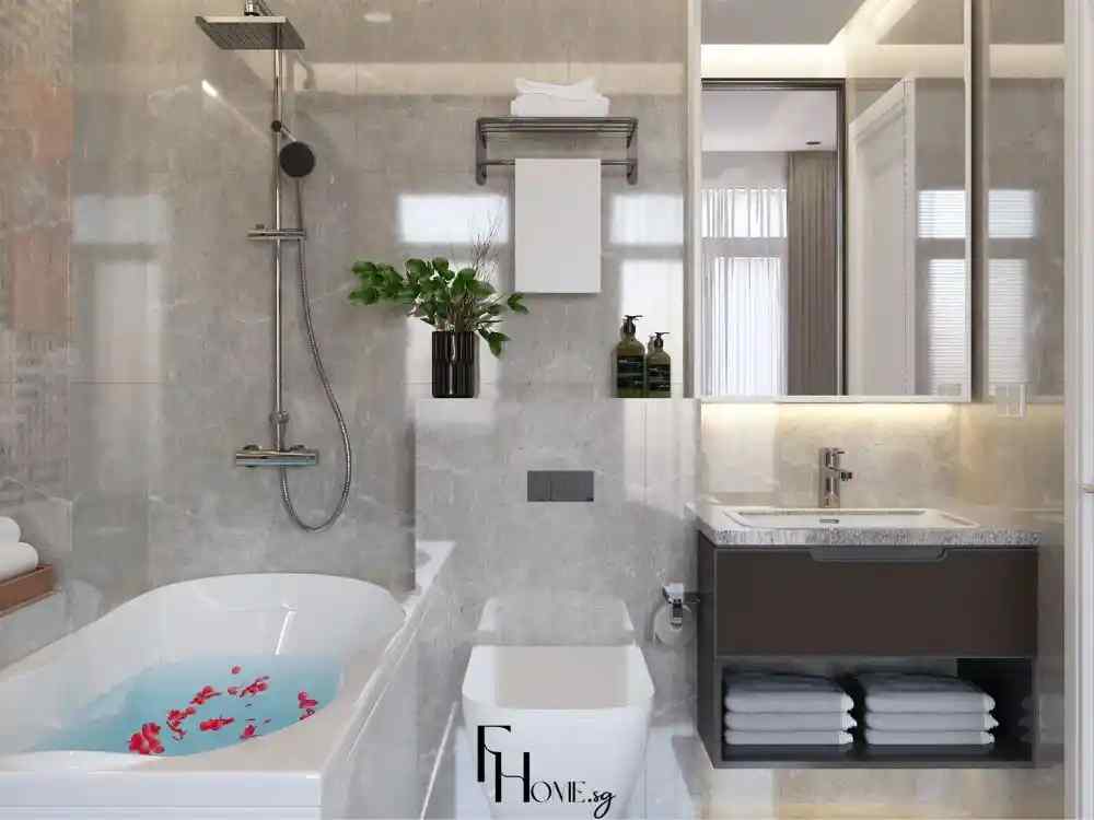 Nhà vệ sinh hiện đại tông xám marble, bồn tắm trắng và ánh sáng tự nhiên sang trọng