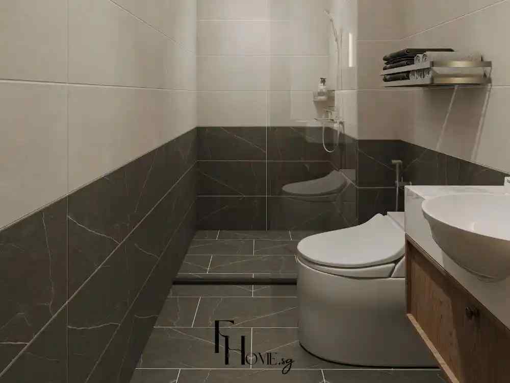 Nhà vệ sinh Japandi tối giản với gạch xám đậm, vòi sen vuông và kệ khăn gọn gàng