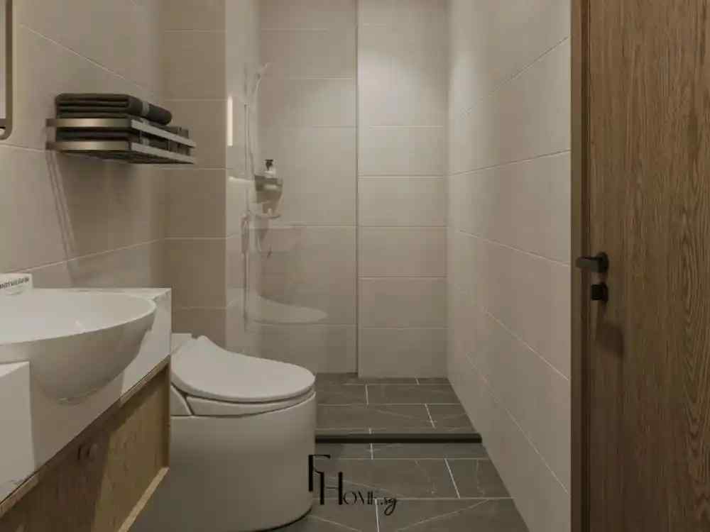Nhà vệ sinh nhỏ phong cách tối giản, tông màu be sáng và xám đá, có bồn cầu thông minh, bồn rửa tròn