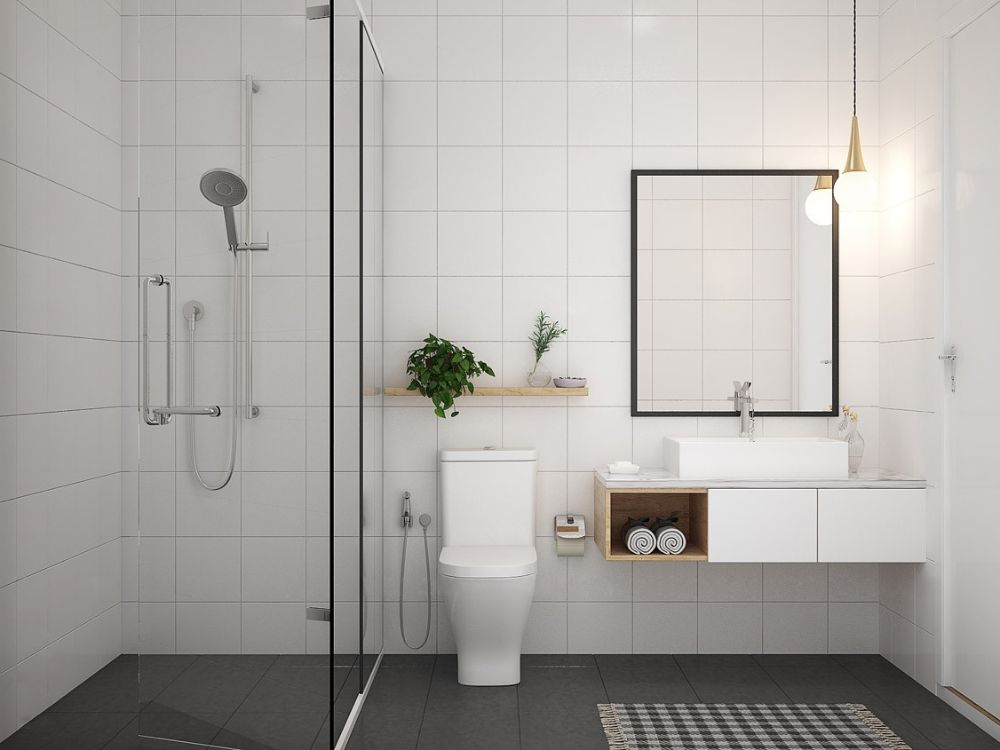 Nhà vệ sinh tối giản với gạch trắng, vách kính tắm và lavabo treo tường hiện đại