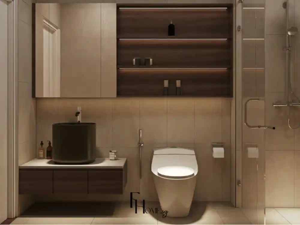 Nhà vệ sinh với tông màu nâu gỗ và be, bồn rửa đen dạng trụ đặt trên mặt đá, tủ gỗ âm tường