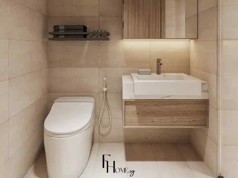 Nhà vệ sinh Wabi Sabi với gỗ sáng, ánh vàng nhẹ và lavabo vuông tạo cảm giác ấm áp