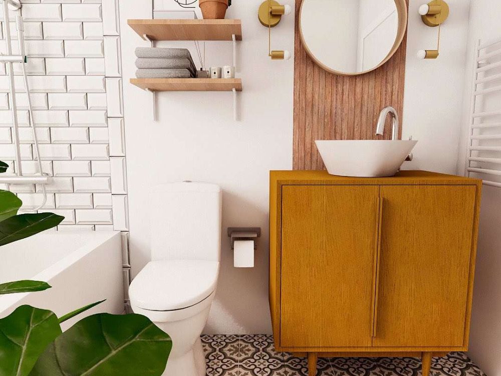 Nhà vệ sinh Zen tối giản với tủ gỗ vàng, gương tròn và chậu rửa trắng nổi bật trên nền tường trắng