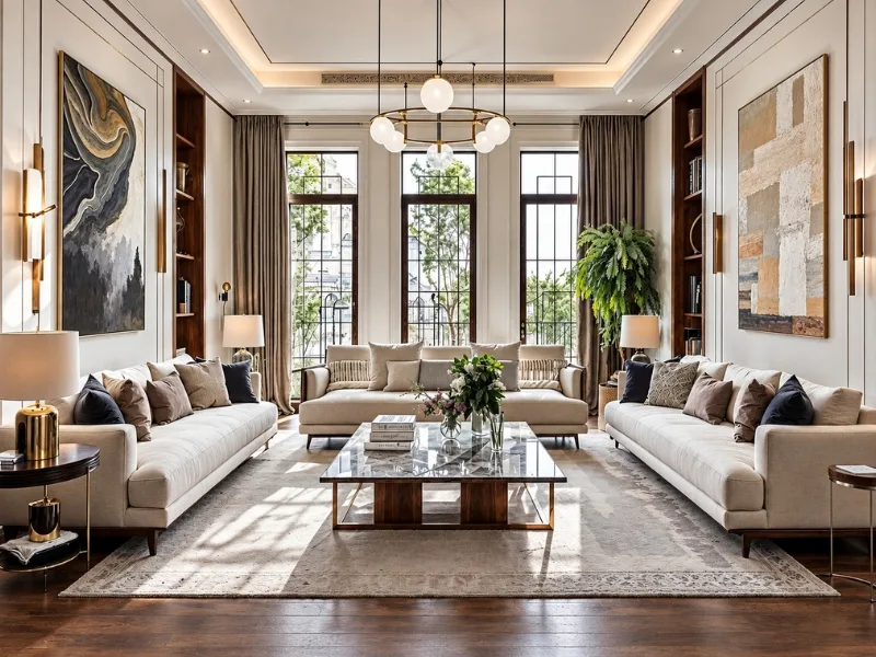 Thiết kế nội thất phòng khách phong cách Art Deco sắp hai dãy sofa đối xứng dưới đèn chùm giữa các mảng ốp tối.