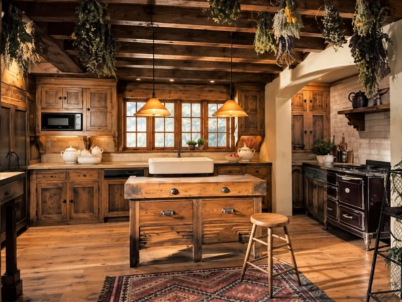 Nội thất bếp phong cách Farmhouse gồm tủ gỗ đậm và đảo bếp mộc dưới ánh đèn thả ấm.