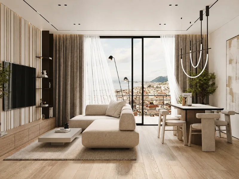 Nội thất phòng khách phong cách đương đại có sofa thấp màu be đối diện vách tivi ốp gỗ gần cửa kính lớn.