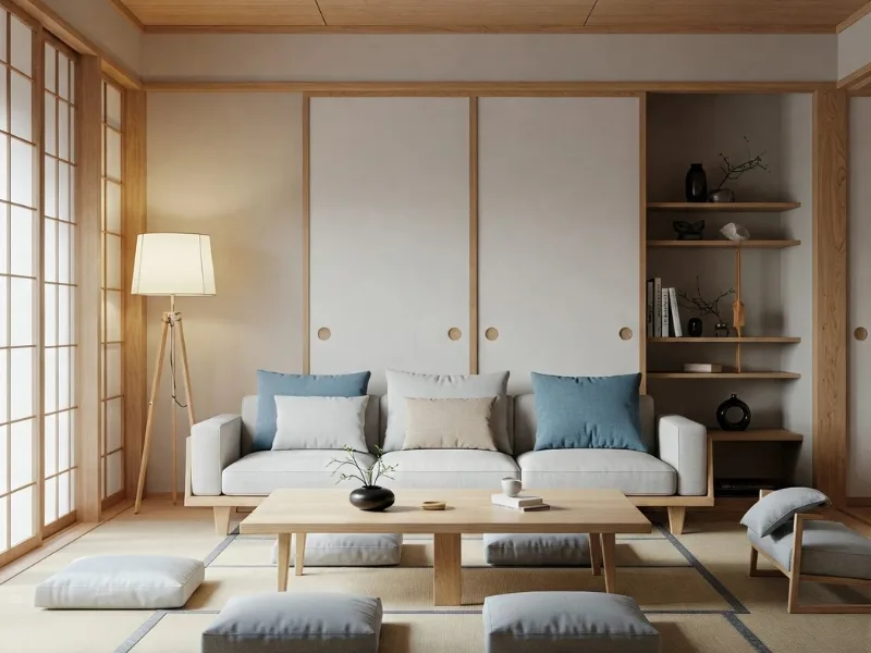 Nội thất phòng khách phong cách Japandi kết hợp ghế ngồi thấp với cửa trượt kiểu shoji và gỗ sáng màu.