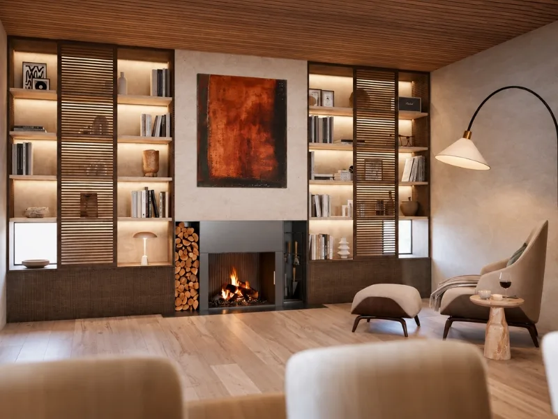 Nội thất phòng khách phong cách Luxury có tủ sách âm tường bao quanh lò sưởi bên ghế bành hiện đại.
