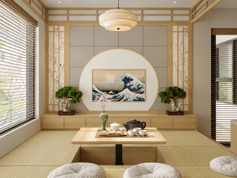 Nội thất phòng khách phong cách Nhật Bản có bàn trà thấp trên sàn tatami trước hốc tường treo tranh.