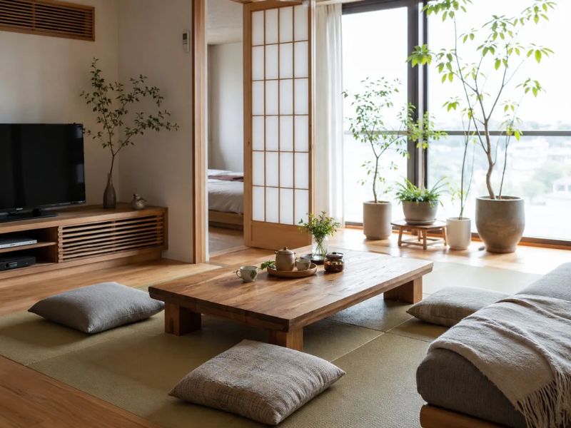 Nội thất phòng khách phong cách Nhật Bản bàn trà gỗ thấp chiếu Tatami đệm ngồi xám kệ tivi gỗ cây xanh cửa sổ lớn ánh sáng tự nhiên