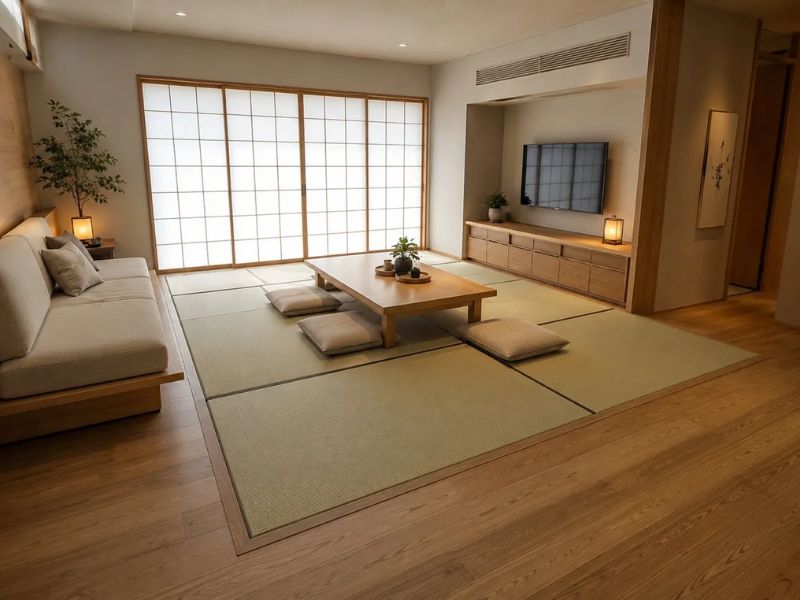 Nội thất phòng khách Nhật Bản chiếu Tatami xanh nhạt sàn gỗ sồi bàn trà thấp đệm ngồi cửa trượt Shoji sofa trắng kệ tivi gỗ