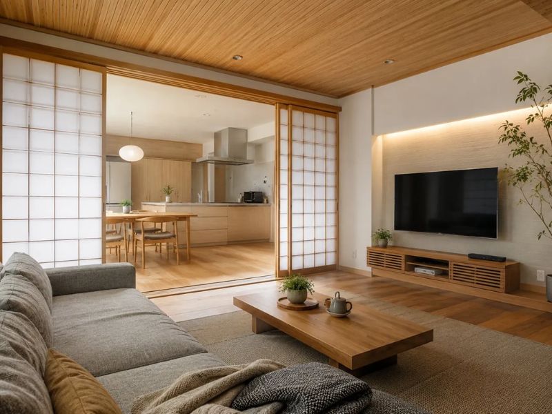 nội thất phòng khách Nhật Bản cửa trượt Shoji mở thông bếp sofa xám bàn trà gỗ thấp kệ tivi gỗ trần gỗ