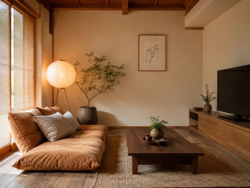 nội thất phòng khách Nhật Bản tông nâu ấm sofa bệt caramel bàn trà gỗ óc chó thấp kệ tivi gỗ cây xanh đèn lồng giấy rèm tre