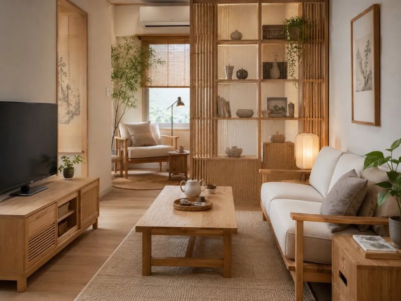 nội thất phòng khách Nhật Bản vách ngăn tre kệ gỗ trang trí bàn trà gỗ thấp sofa vải trắng kệ tivi gỗ sồi đèn giấy cây xanh