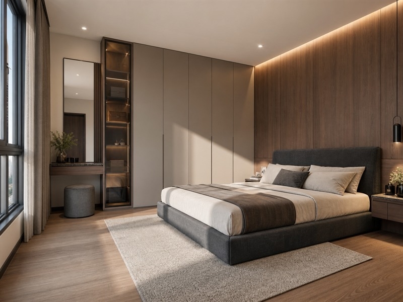 Nội thất phòng ngủ chung cư hiện đại tông xám gỗ trầm