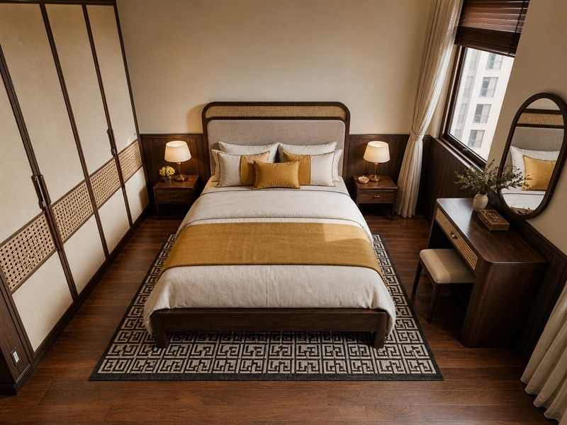 Nội thất phòng ngủ Indochine có giường mây đan và bàn trang điểm
