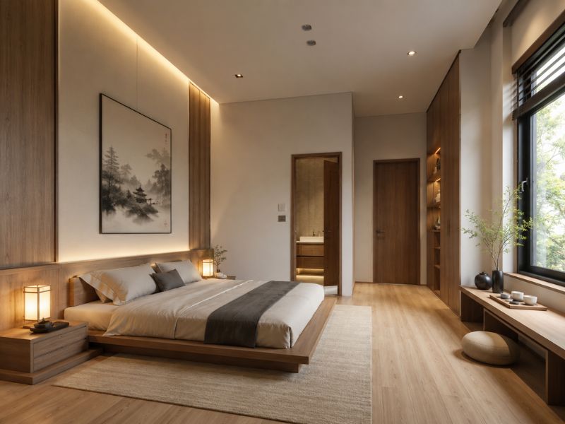nội thất phòng ngủ phong cách Nhật Bản với giường bệt, lối đi quanh giường thoáng và bố cục gọn gàng