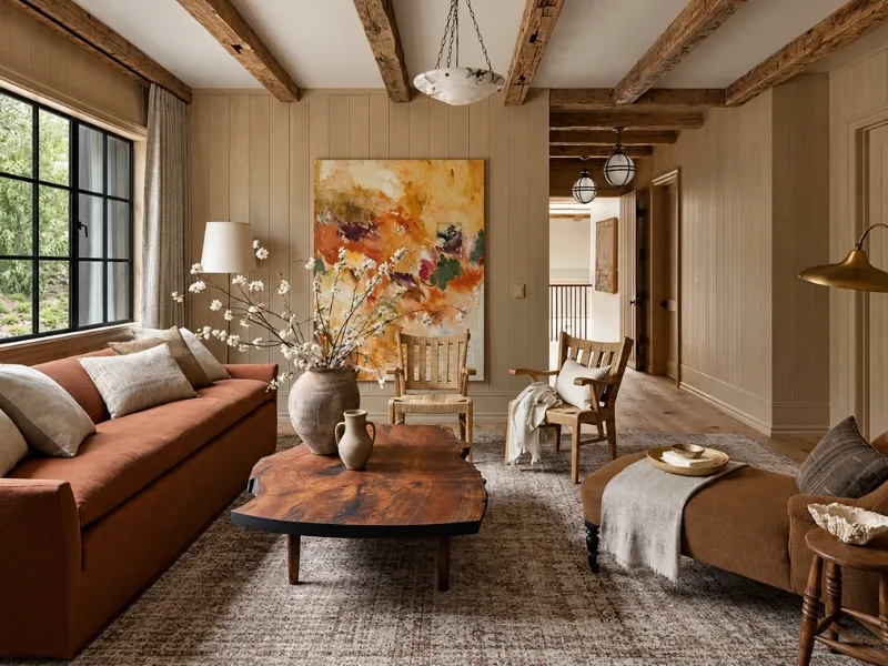 Nội thất phòng khách phong cách Rustic kết hợp sofa nâu với bàn trà gỗ mộc dưới trần lộ dầm.