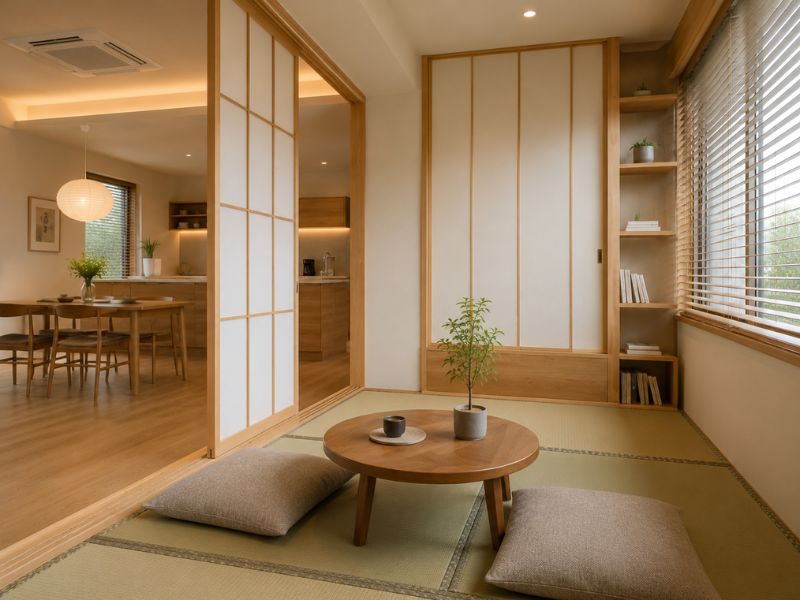 Góc trà nhỏ với chiếu Tatami, bàn thấp và cửa trượt giúp căn hộ 70m2 có thêm khoảng nghỉ yên tĩnh, mang tinh thần Nhật Bản rõ nét