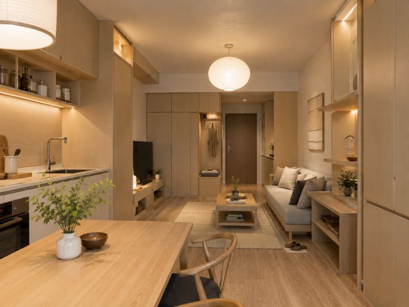 ội thất chung cư 40m2 phong cách Nhật Bản với tông gỗ sáng