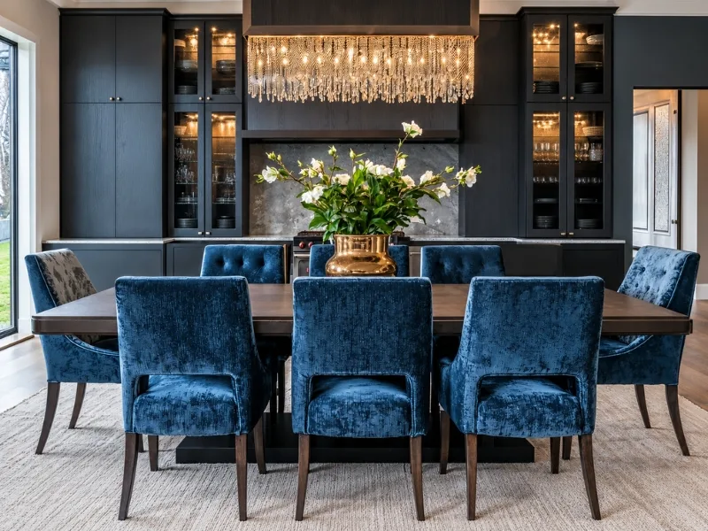 Phòng ăn phong cách Art Deco kết hợp ghế nhung xanh với tủ rượu tối màu dưới đèn trần ánh kim.