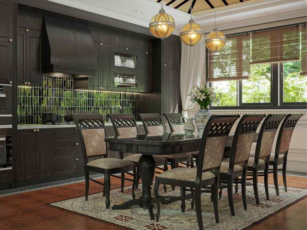 Phòng ăn phong cách Indochine với nội thất gỗ đen, đèn treo kiểu cổ điển