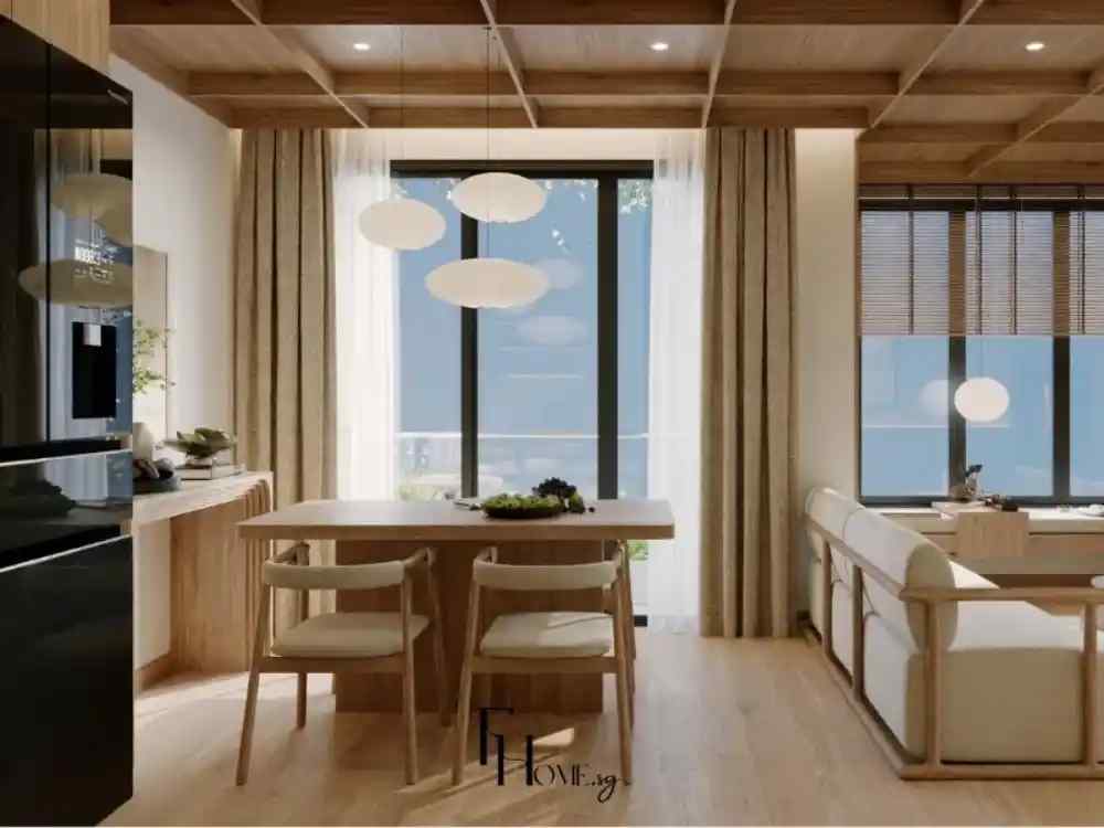 Phòng ăn phong cách Nhật Bản tối giản với bàn gỗ sáng, ghế tựa lưng, trần gỗ có đèn tròn