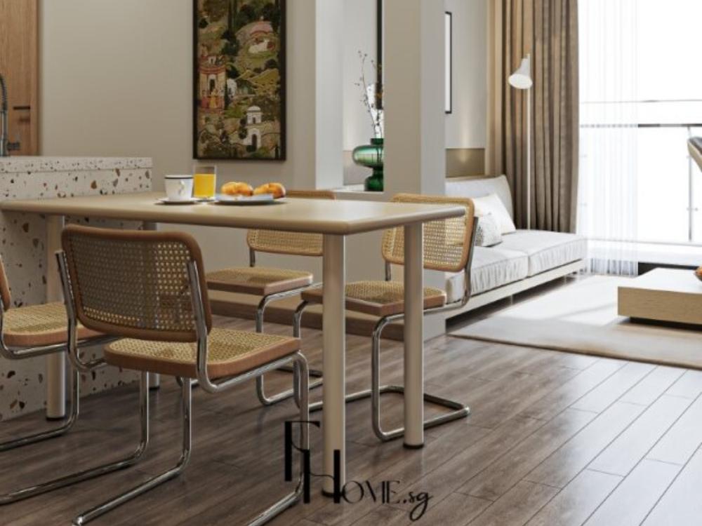 Phòng bếp phong cách tối giản với bàn ăn trắng sứ không gian sạch sẽ và gọn gàng.