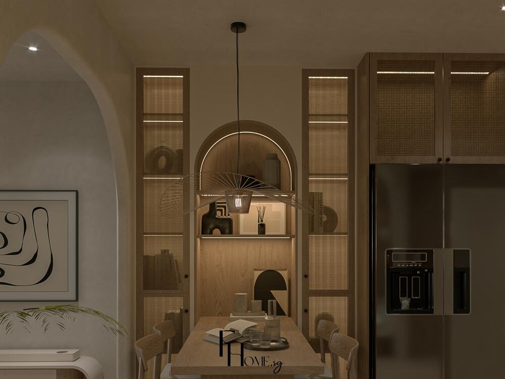 Phòng ăn phong cách tối giản mộc mạc, tủ kệ mây đan, bàn ăn gỗ tự nhiên, vòm cong