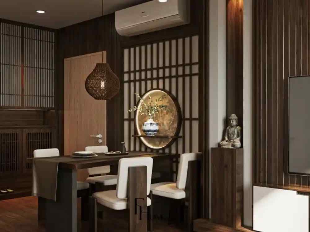 Phòng ăn phong cách Zen với bàn gỗ dài mộc mạc, ghế bọc nệm sáng màu, đèn tre đan hình cầu