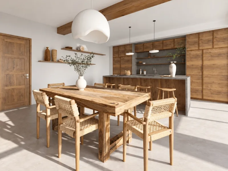 Thiết kế nội thất phòng ăn phong cách Wabi Sabi sử dụng bàn ghế gỗ mộc bên tường bê tông và kệ mở.