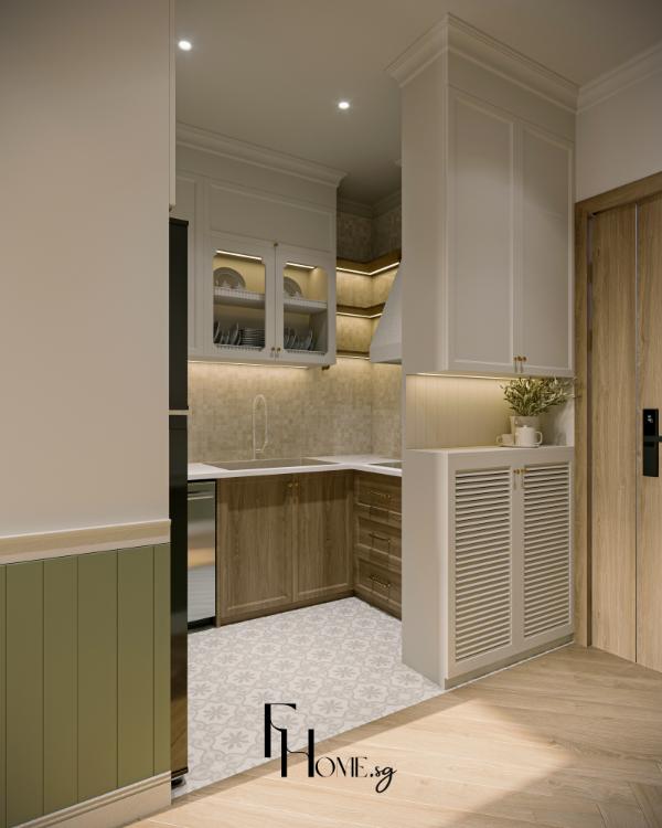 Phòng bếp căn hộ Vinhomes Grand Park 70m2 với tủ bếp xanh và trắng