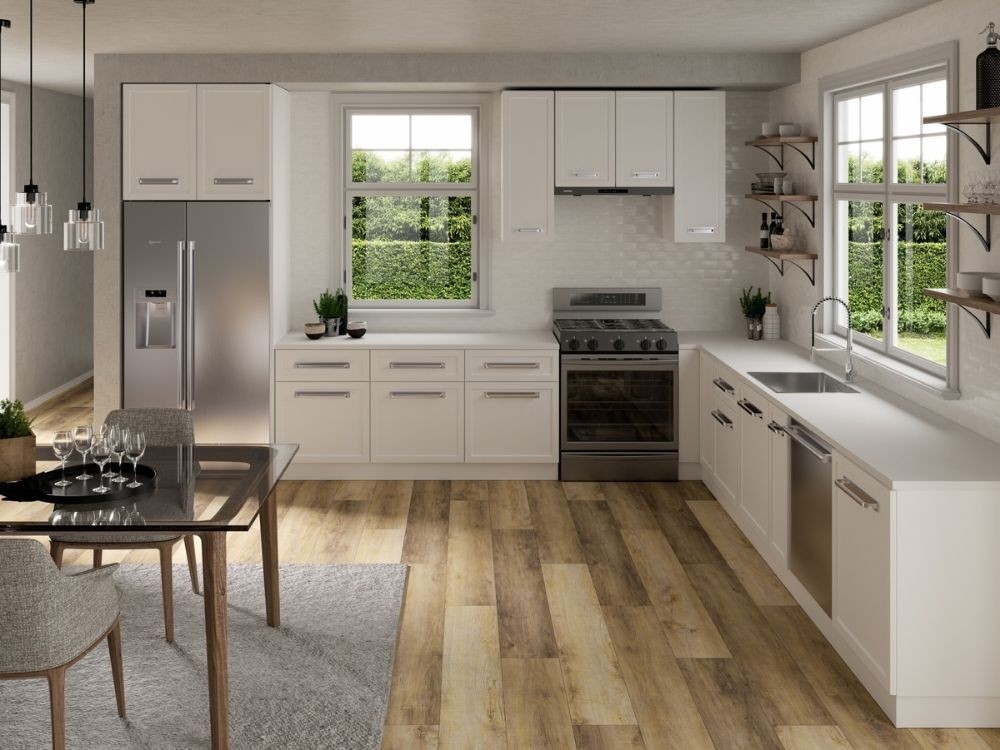 Phòng bếp chữ L tông trắng, kệ mở gỗ, sàn giả gỗ, cửa sổ lớn