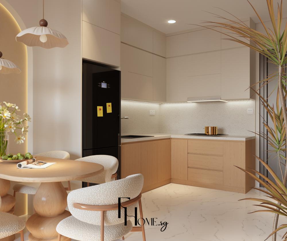 Phòng bếp chữ L phong cách Wabi Sabi với tủ gỗ sáng, tủ lạnh đen và bàn ăn tròn ghế nỉ bouclé