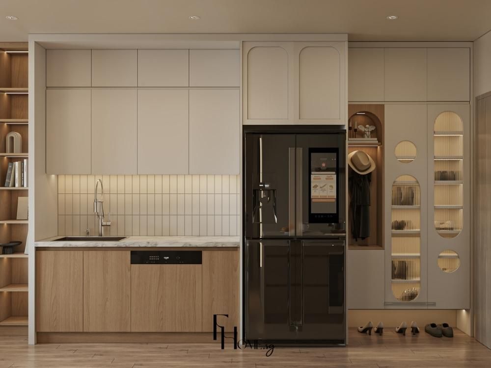 Phòng bếp chung cư 68m2 phong cách Wabi Sabi tủ be mờ hốc vòm chạm khắc và gỗ sồi phân tầng, tủ kính oval đèn LED tạo điểm nhấn trưng bày