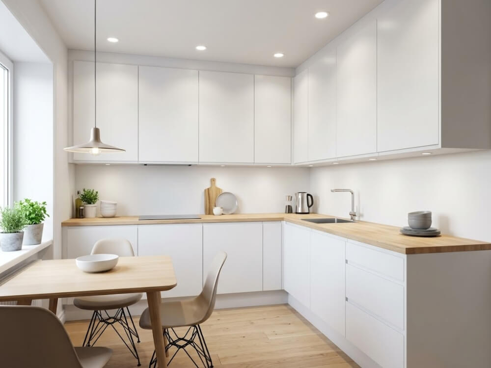 Phòng bếp chung cư 55m2 phong cách Scandinavian với tủ bếp trắng, mặt bàn gỗ sáng và ghế ăn chân kim loại