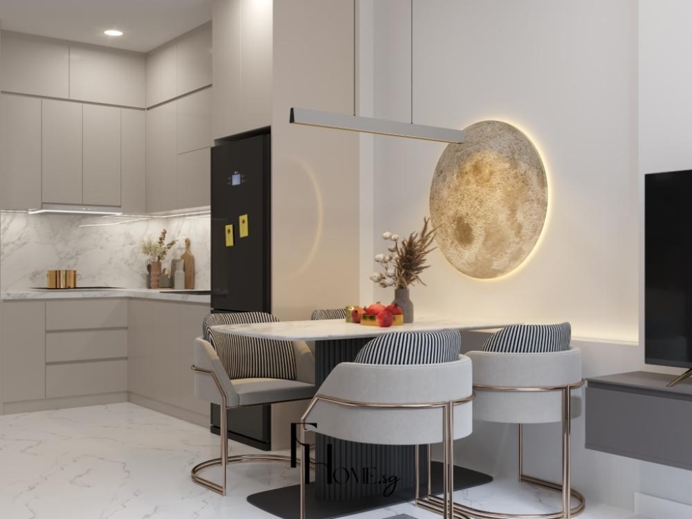 Phòng bếp chung cư đẹp với thiết kế tối giản và không gian mở tạo sự tiện nghi và tiết kiệm không gian.