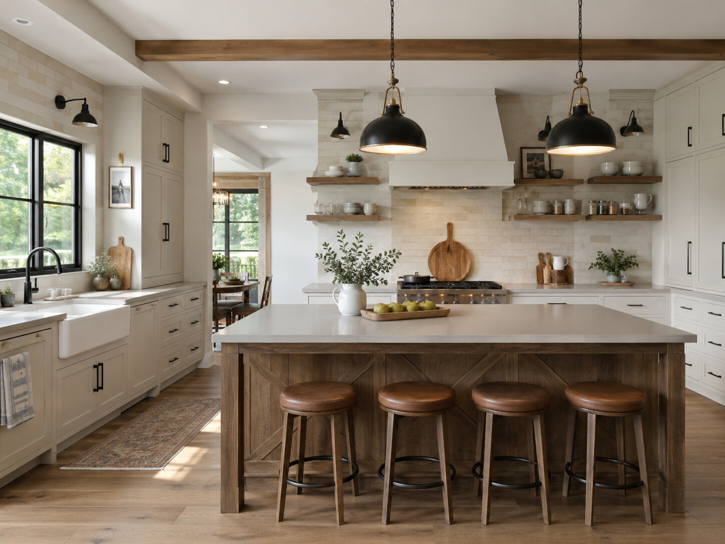 Phòng bếp Farmhouse với đảo bếp và ghế quầy gỗ