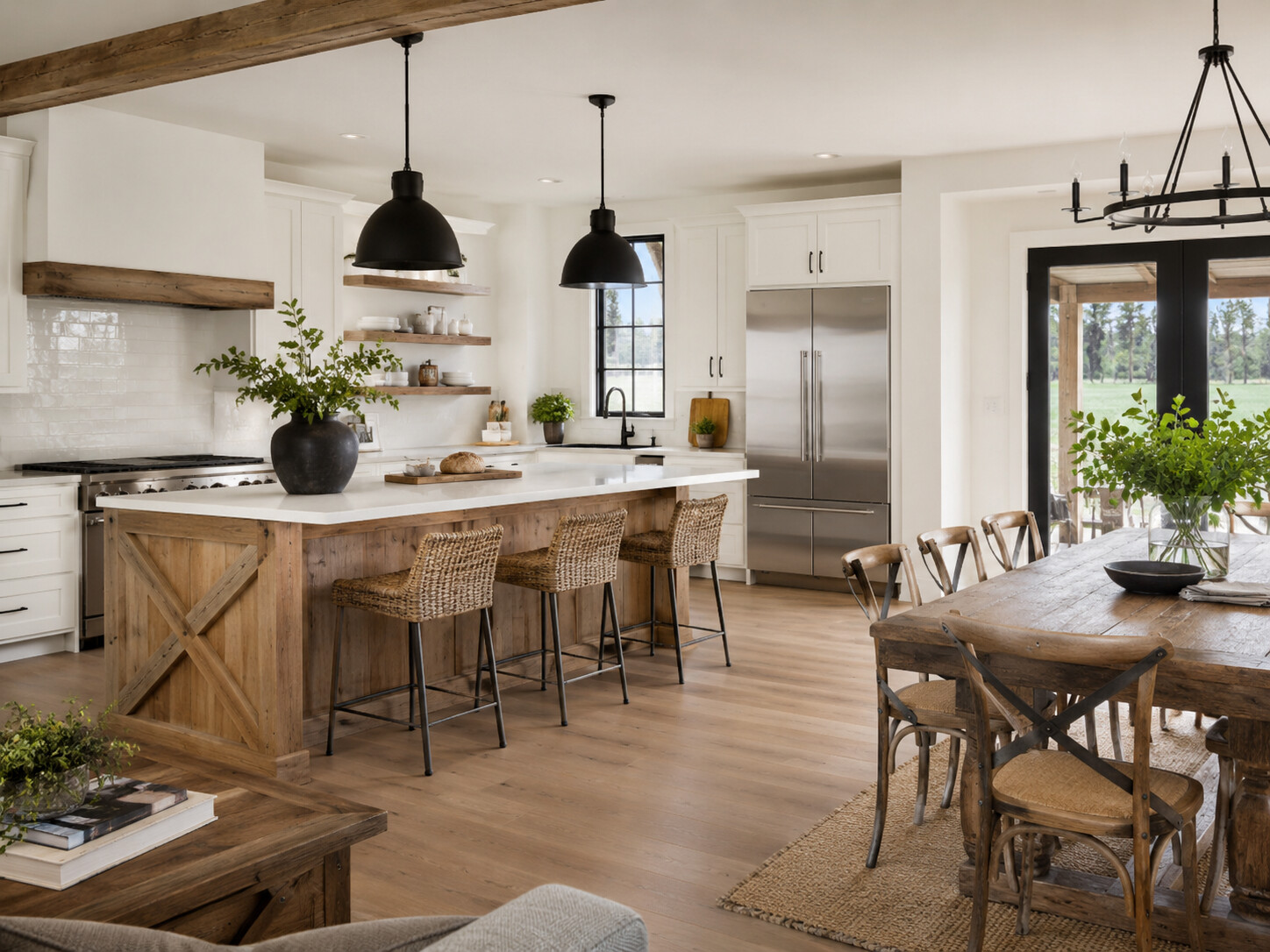 Nội thất phòng bếp Farmhouse với đảo bếp, bàn ăn và tủ lạnh