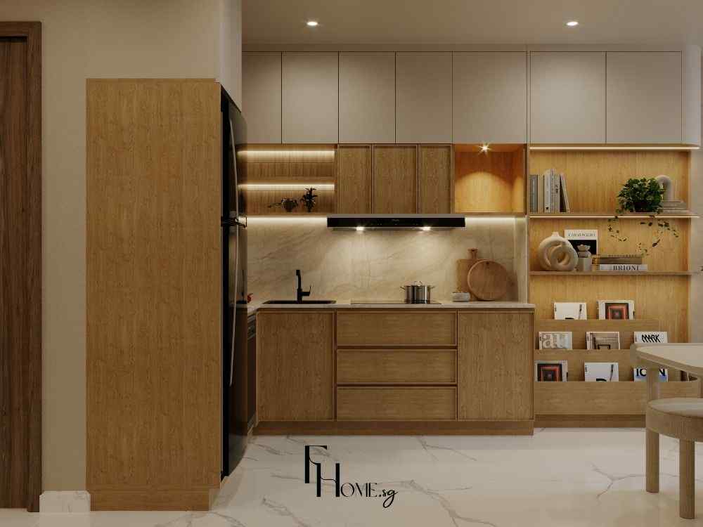 Phòng bếp gỗ sáng hiện đại, kệ mở trang trí, đèn hắt trần