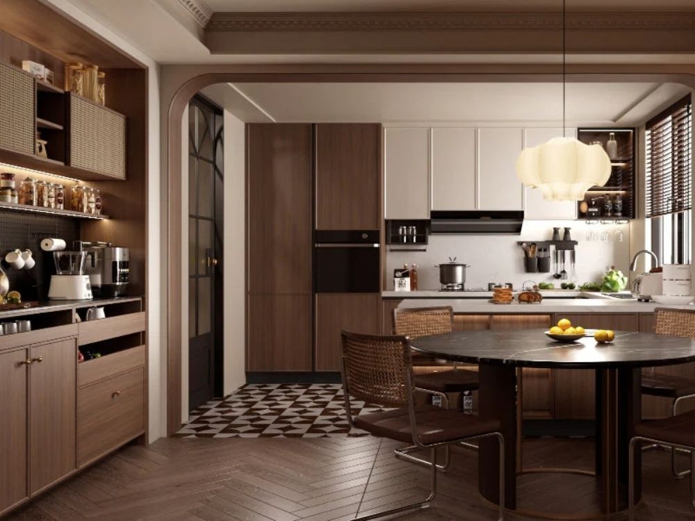 Phòng bếp Indochine phối gỗ nâu, tủ bếp phẳng, viền bo cong, sàn lát gạch họa tiết